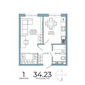 1-к квартира, строящийся дом, 34м2, 13/18 этаж
