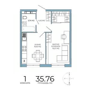 1-к квартира, строящийся дом, 36м2, 7/18 этаж
