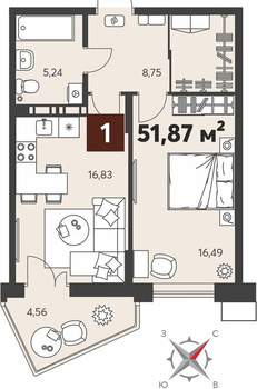 1-к квартира, вторичка, 52м2, 2/18 этаж