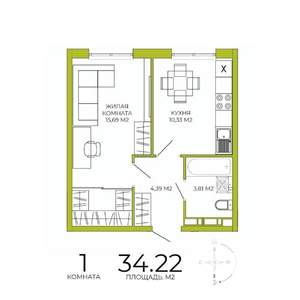 1-к квартира, строящийся дом, 34м2, 13/18 этаж
