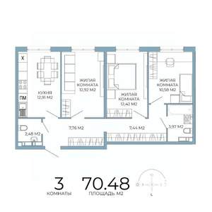 3-к квартира, вторичка, 70м2, 12/18 этаж