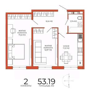 2-к квартира, строящийся дом, 53м2, 14/18 этаж