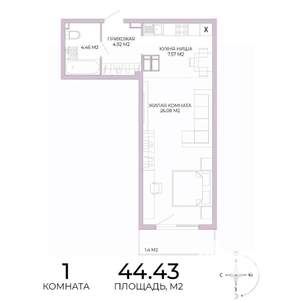 1-к квартира, строящийся дом, 44м2, 14/17 этаж
