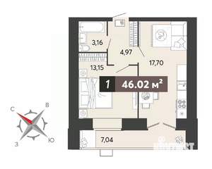 1-к квартира, вторичка, 46м2, 6/18 этаж