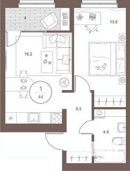 1-к квартира, вторичка, 44м2, 11/16 этаж