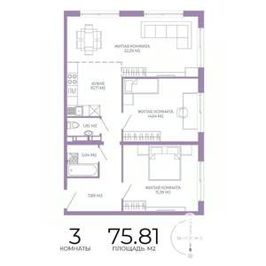 3-к квартира, строящийся дом, 76м2, 7/17 этаж