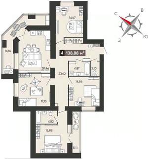 4-к квартира, вторичка, 139м2, 8/18 этаж