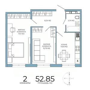 2-к квартира, строящийся дом, 53м2, 6/18 этаж