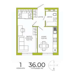 1-к квартира, строящийся дом, 36м2, 14/18 этаж