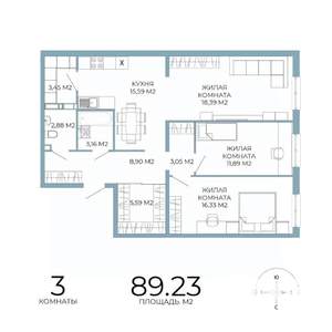 3-к квартира, строящийся дом, 89м2, 14/18 этаж