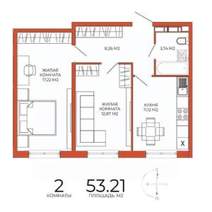 2-к квартира, строящийся дом, 53м2, 14/18 этаж