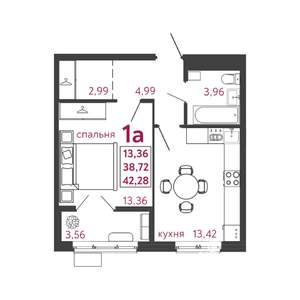 1-к квартира, вторичка, 42м2, 2/12 этаж