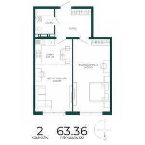 2-к квартира, строящийся дом, 63м2, 5/17 этаж
