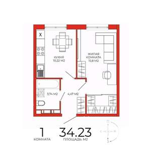 1-к квартира, строящийся дом, 34м2, 8/18 этаж