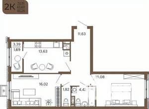 2-к квартира, вторичка, 65м2, 11/17 этаж