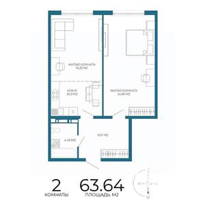 2-к квартира, вторичка, 64м2, 14/17 этаж