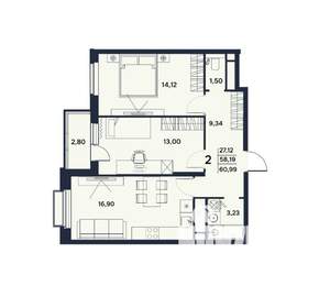 2-к квартира, вторичка, 61м2, 17/17 этаж