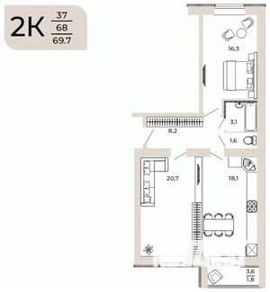 2-к квартира, вторичка, 70м2, 6/10 этаж