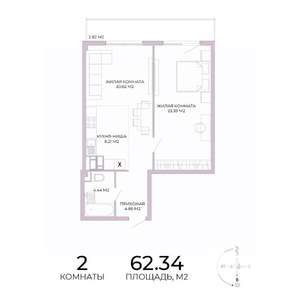 2-к квартира, строящийся дом, 62м2, 5/17 этаж
