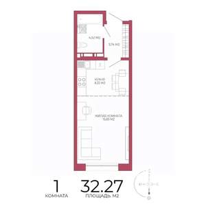 1-к квартира, строящийся дом, 32м2, 2/18 этаж