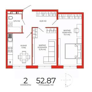 2-к квартира, строящийся дом, 53м2, 5/18 этаж