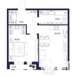 1-к квартира, вторичка, 56м2, 3/16 этаж