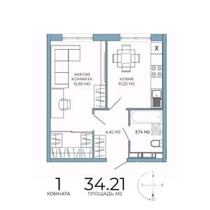 1-к квартира, строящийся дом, 34м2, 8/18 этаж