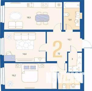 2-к квартира, вторичка, 72м2, 1/16 этаж