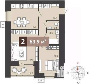2-к квартира, вторичка, 64м2, 1/17 этаж
