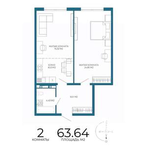 2-к квартира, вторичка, 64м2, 11/17 этаж
