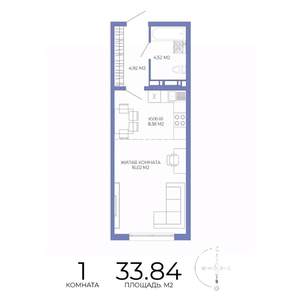 1-к квартира, строящийся дом, 34м2, 8/17 этаж
