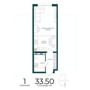 1-к квартира, строящийся дом, 34м2, 3/17 этаж