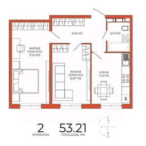 2-к квартира, вторичка, 53м2, 12/18 этаж