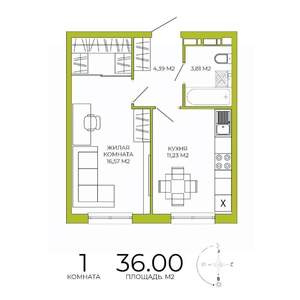 1-к квартира, строящийся дом, 36м2, 11/18 этаж