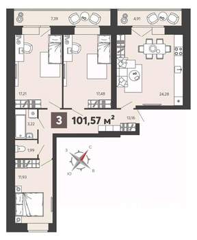 3-к квартира, строящийся дом, 102м2, 12/13 этаж
