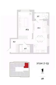 1-к квартира, вторичка, 56м2, 4/24 этаж
