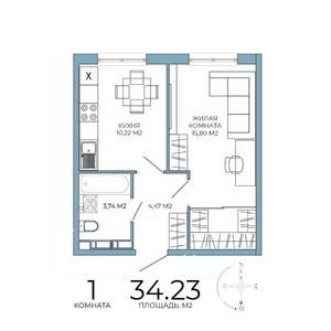1-к квартира, строящийся дом, 34м2, 14/18 этаж