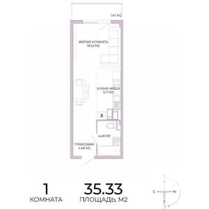1-к квартира, строящийся дом, 35м2, 16/17 этаж
