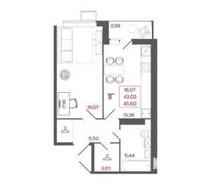 1-к квартира, вторичка, 46м2, 16/17 этаж