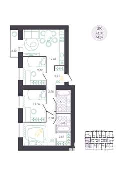 3-к квартира, вторичка, 75м2, 2/16 этаж