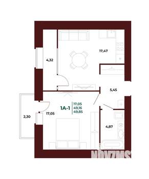 1-к квартира, вторичка, 50м2, 9/17 этаж