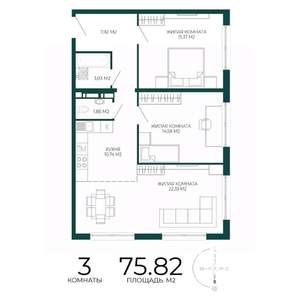 3-к квартира, строящийся дом, 76м2, 12/17 этаж