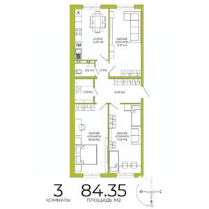 3-к квартира, строящийся дом, 84м2, 2/18 этаж