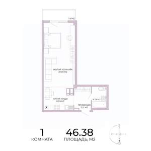 1-к квартира, строящийся дом, 46м2, 13/17 этаж