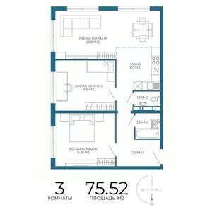 3-к квартира, строящийся дом, 76м2, 4/17 этаж