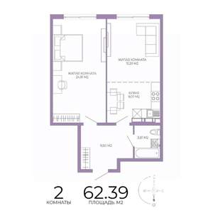 2-к квартира, строящийся дом, 62м2, 10/17 этаж