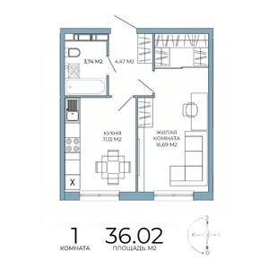 1-к квартира, строящийся дом, 36м2, 9/18 этаж
