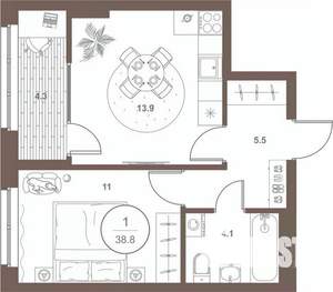 1-к квартира, вторичка, 38м2, 8/16 этаж