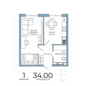 1-к квартира, строящийся дом, 34м2, 4/18 этаж
