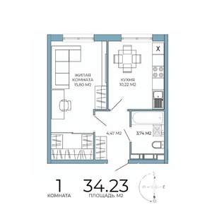 1-к квартира, строящийся дом, 34м2, 8/18 этаж
